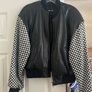 Black Leather Jacket with Checkered Sleeves